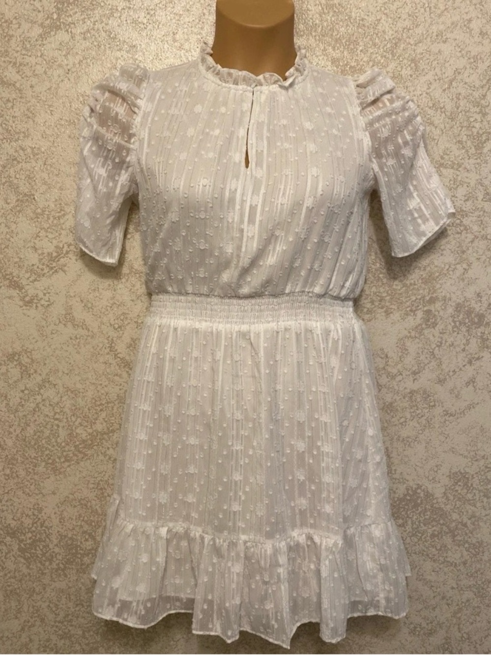 Express White Swiss-Dot Smocked Midi Dress with Ruffle Hem